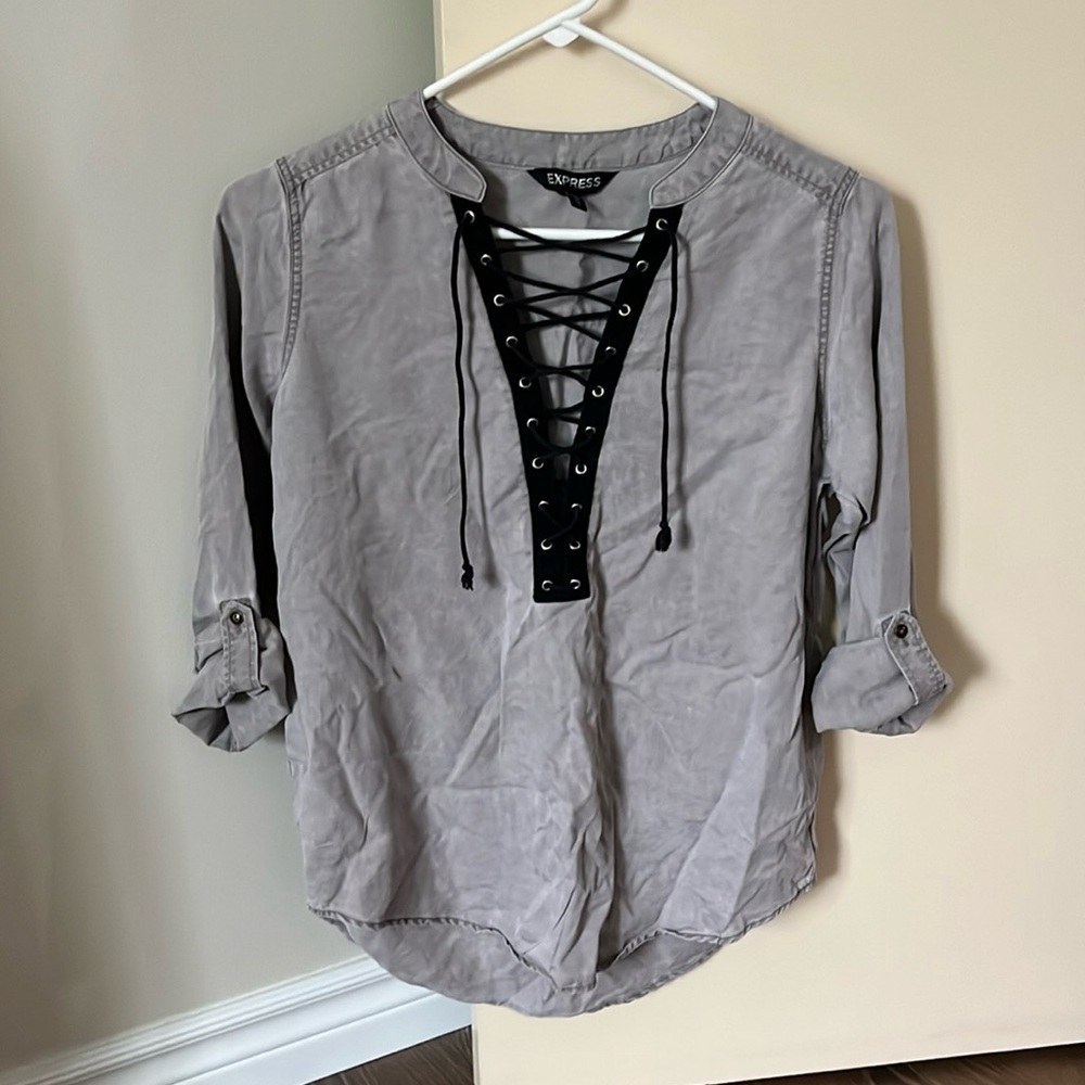 Express Lace-up Long Sleeve Top - Grey